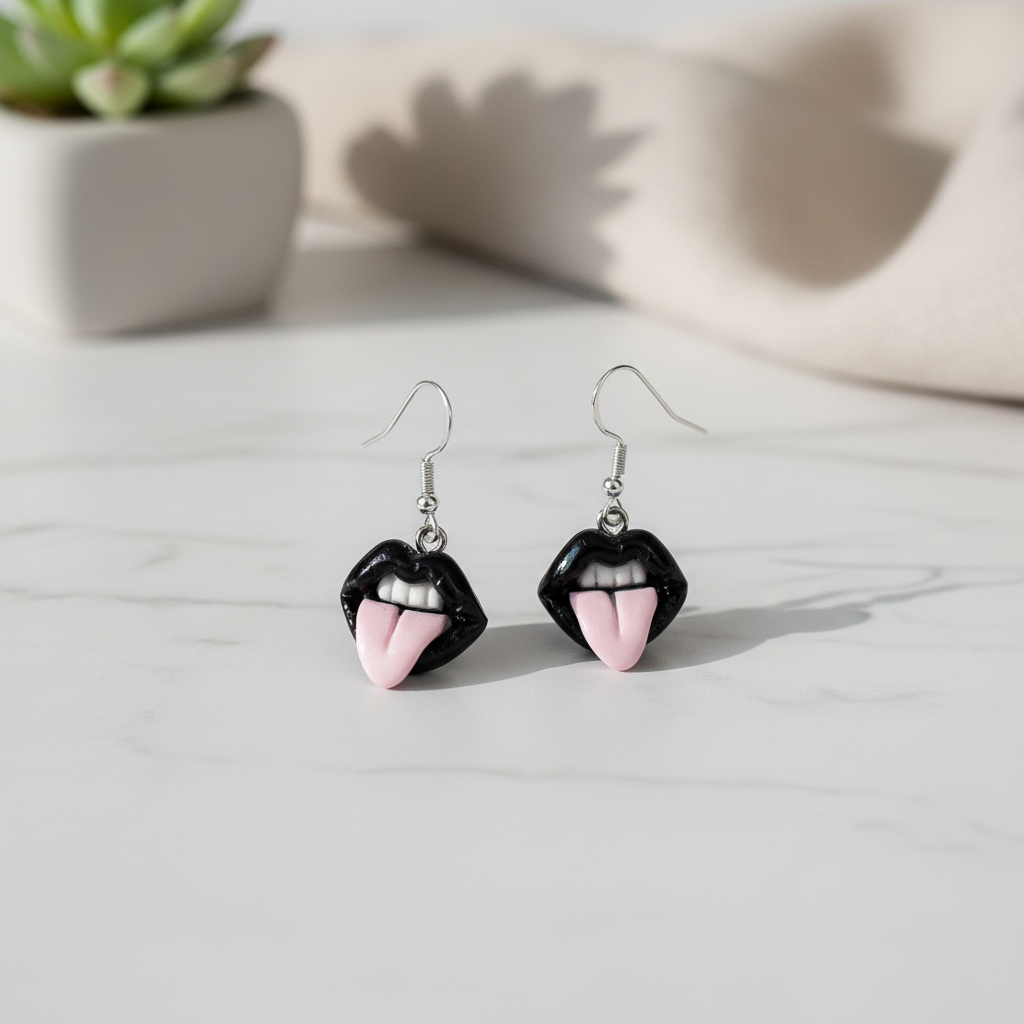 Goth Tongue Out Earrings: Handmade Polymer Clay, Edgy Jewelry