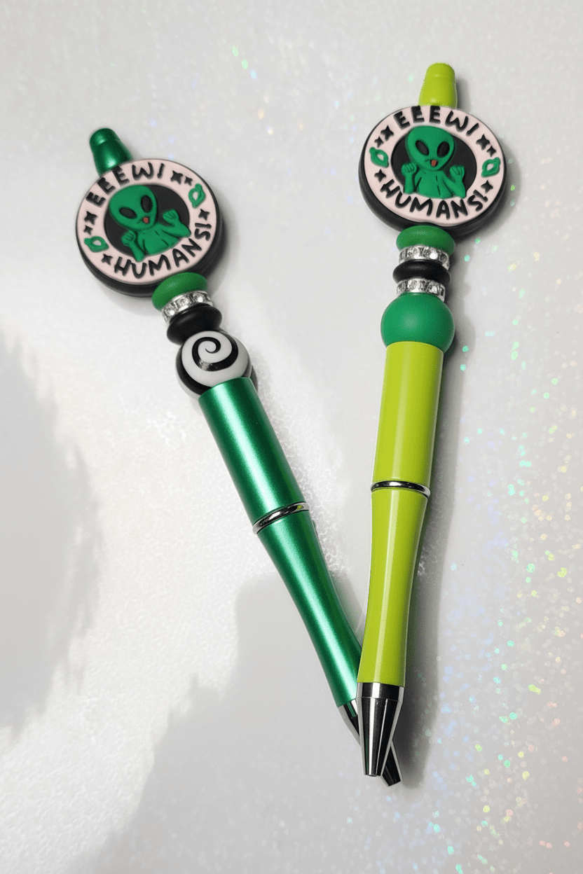 Eeew Humans! Alien Beaded Pen – Funny Handmade Space Pen, Cute Extraterrestrial Writing Tool, Sassy Geeky Office Accessory - Hempin Mayhem