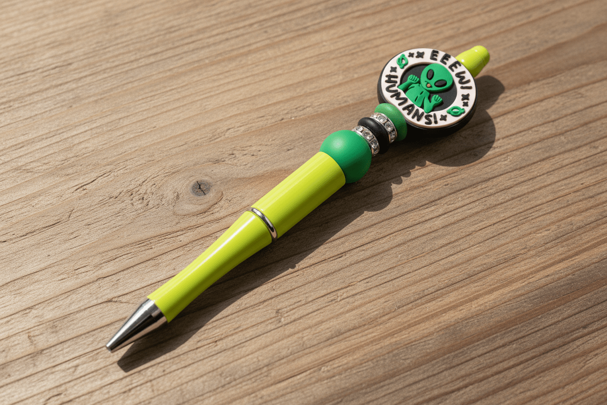 Eeew Humans! Alien Beaded Pen – Funny Handmade Space Pen, Cute Extraterrestrial Writing Tool, Sassy Geeky Office Accessory - Hempin Mayhem