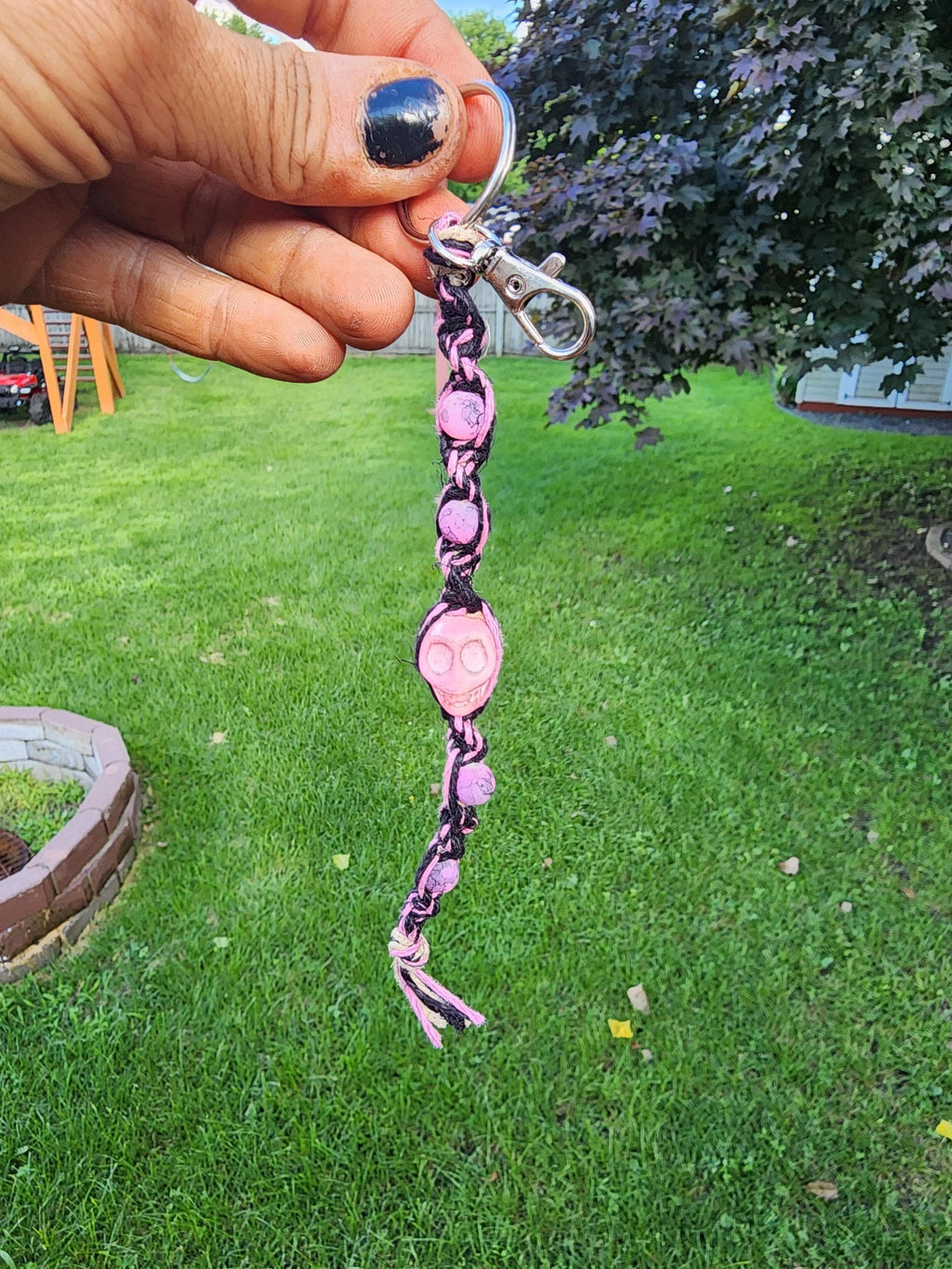 Pretty in Punk – Fierce Black & Pink Hemp Keychain with Hot Pink Beads + Badass Skull Charm | Spooky Babe Vibes Only