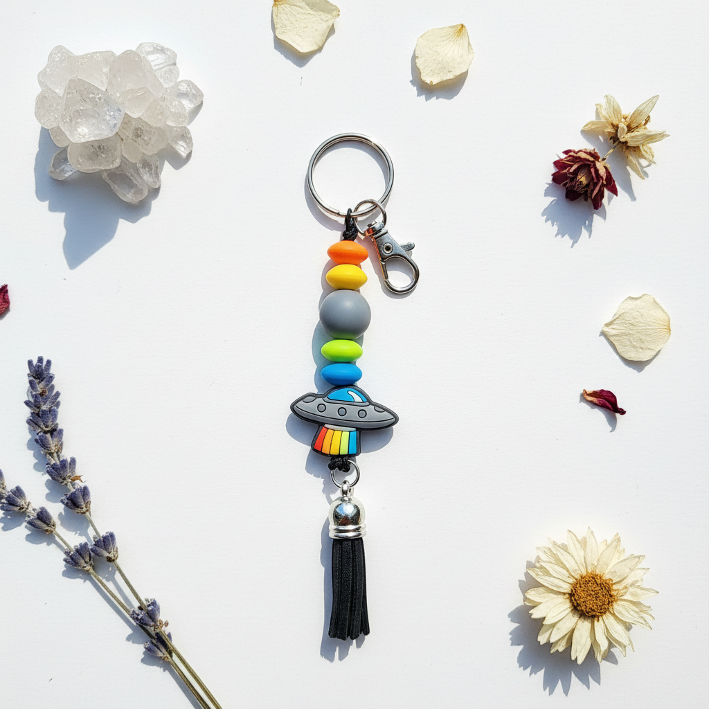 UFO Beaded Keychain: Funky Alien Bag Charm - Cosmic Gift