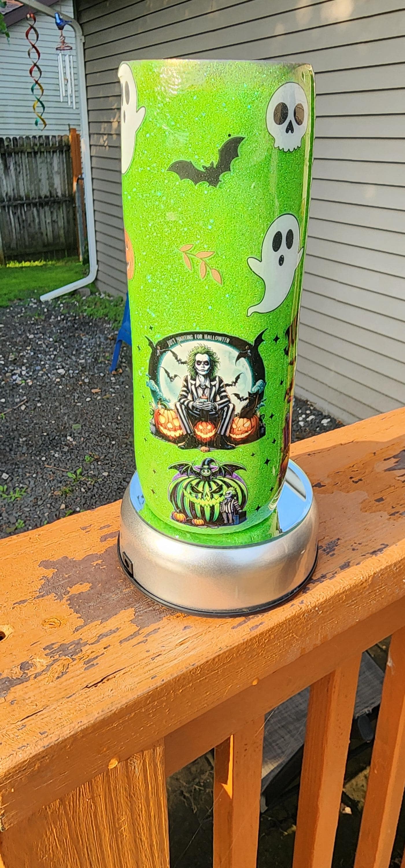 Beetlejuice Tumbler: Lime Green Spooky Sparkle Stainless Steel Cup