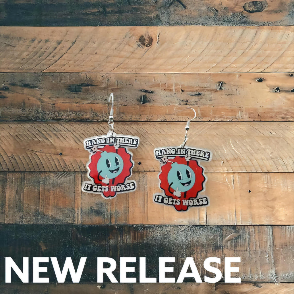 Sarcastic Bomb Dangle Earrings: Blue Acrylic with Bold White Lettering