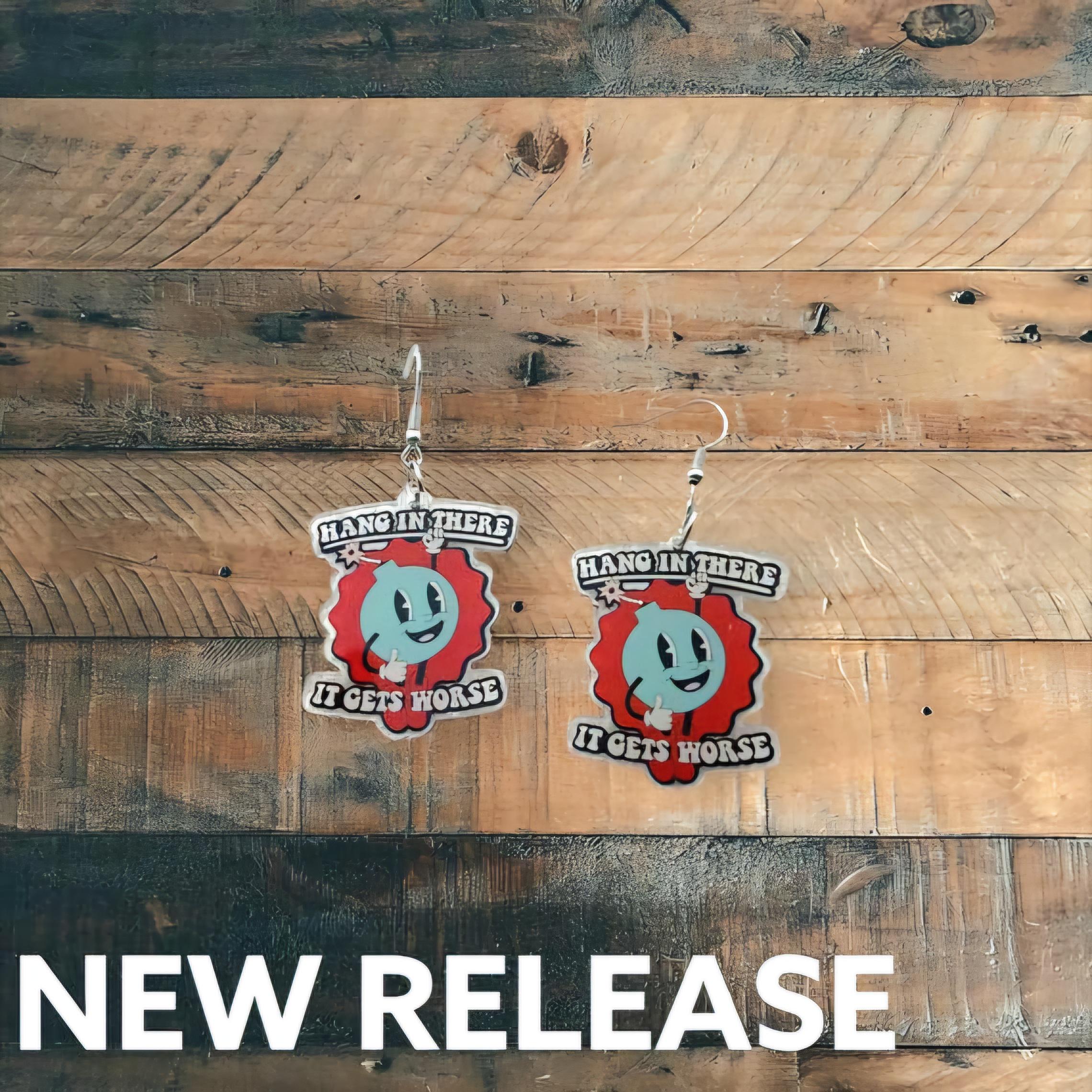 Sarcastic Bomb Dangle Earrings: Blue Acrylic with Bold White Lettering