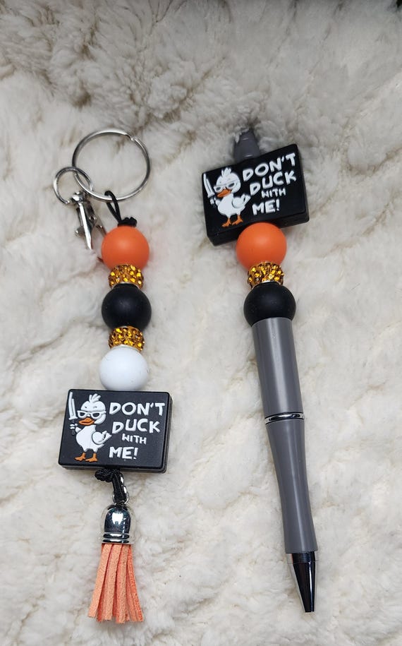 Handmade “Don’t Duck With Me” Beaded Keychain, Pen, and Sticker Gift Set | Funny Sassy Gift for Her | Duck Themed Stationery Set - Hempin Mayhem