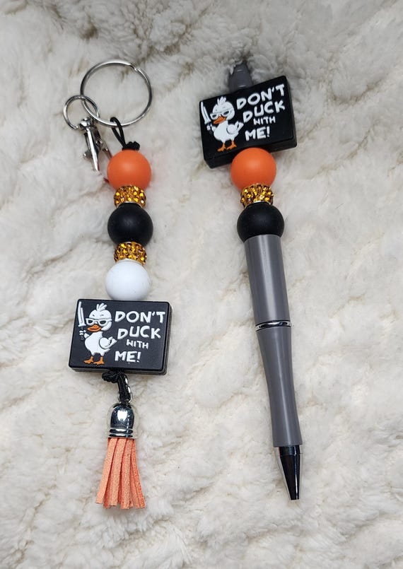 Handmade “Don’t Duck With Me” Beaded Keychain, Pen, and Sticker Gift Set | Funny Sassy Gift for Her | Duck Themed Stationery Set - Hempin Mayhem