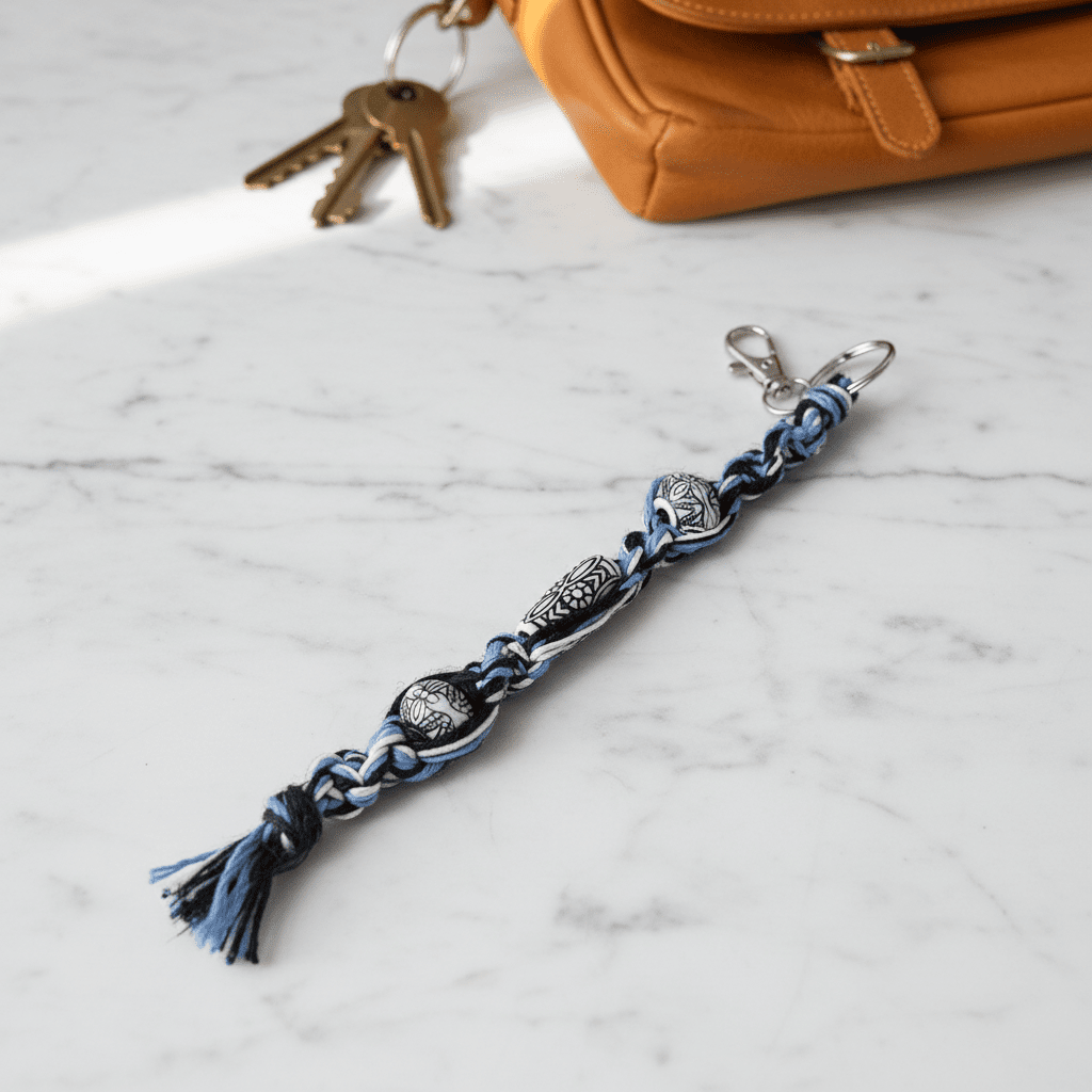 Handmade Hemp Keychain: Boho Hippie Car Charm with White Beads - Hempin Mayhem