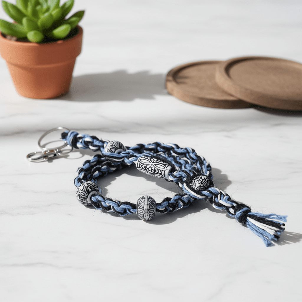 Handmade Hemp Keychain: Boho Hippie Car Charm with White Beads - Hempin Mayhem