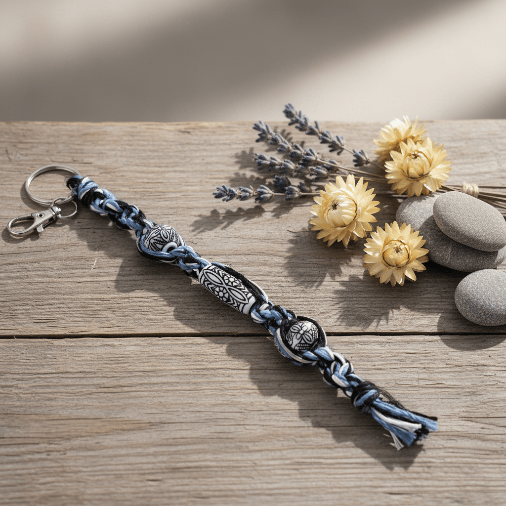 Handmade Hemp Keychain: Boho Hippie Car Charm with White Beads - Hempin Mayhem