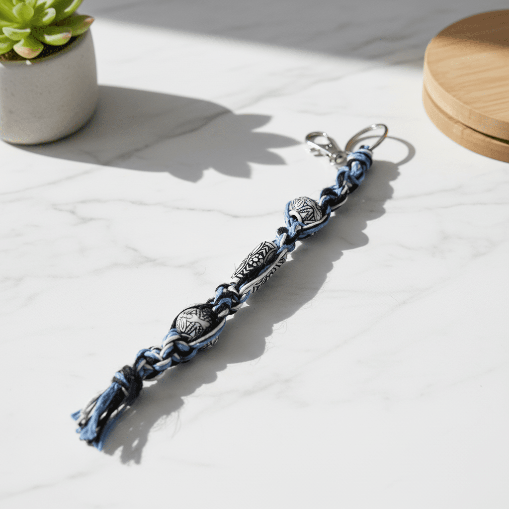 Handmade Hemp Keychain: Boho Hippie Car Charm with White Beads - Hempin Mayhem