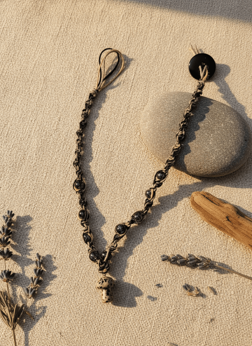 Handmade Hemp Necklace: Tan & Black Cord with Glass Mushroom Bead - Hempin Mayhem