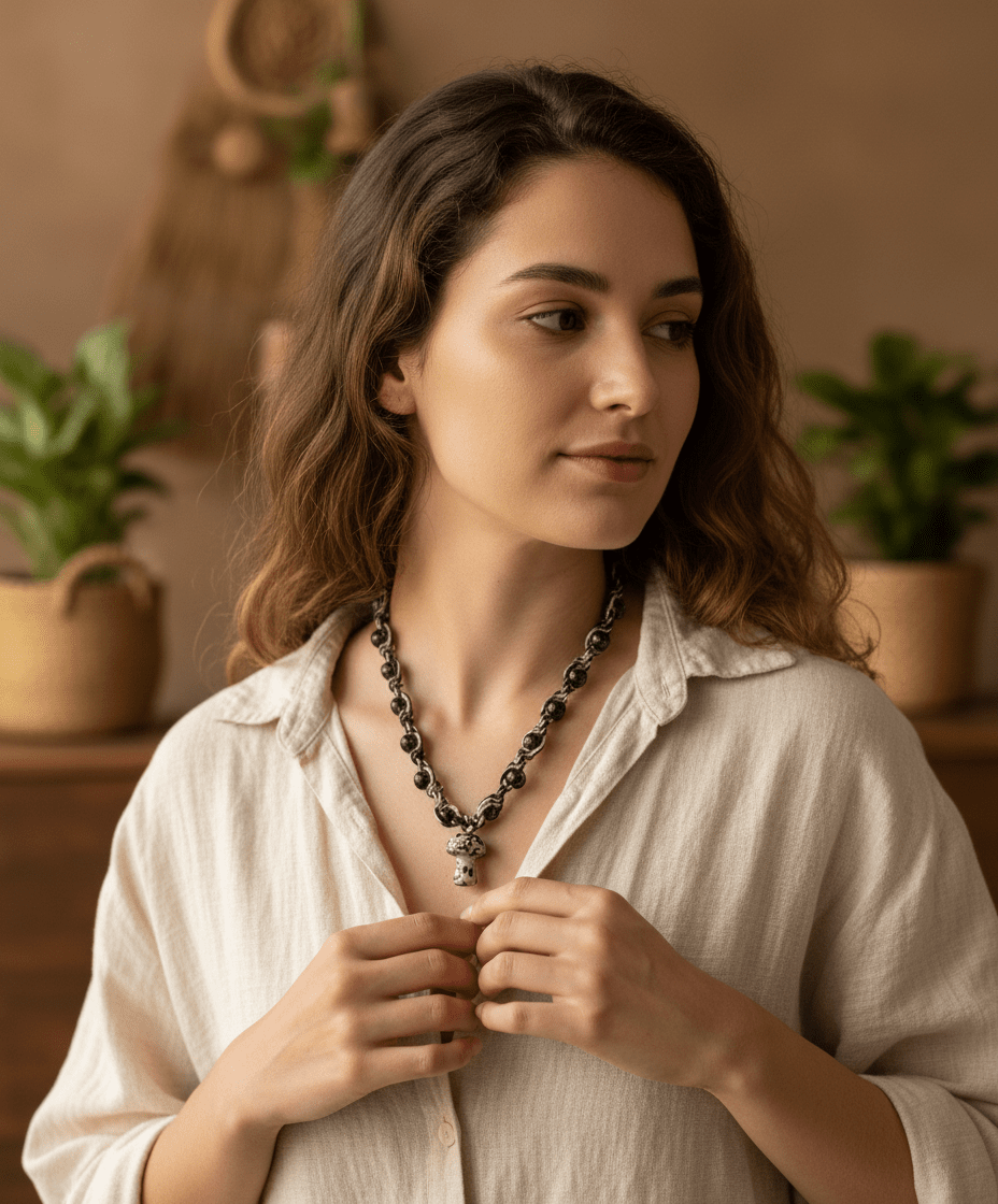 Handmade Hemp Necklace: Tan & Black Cord with Glass Mushroom Bead - Hempin Mayhem