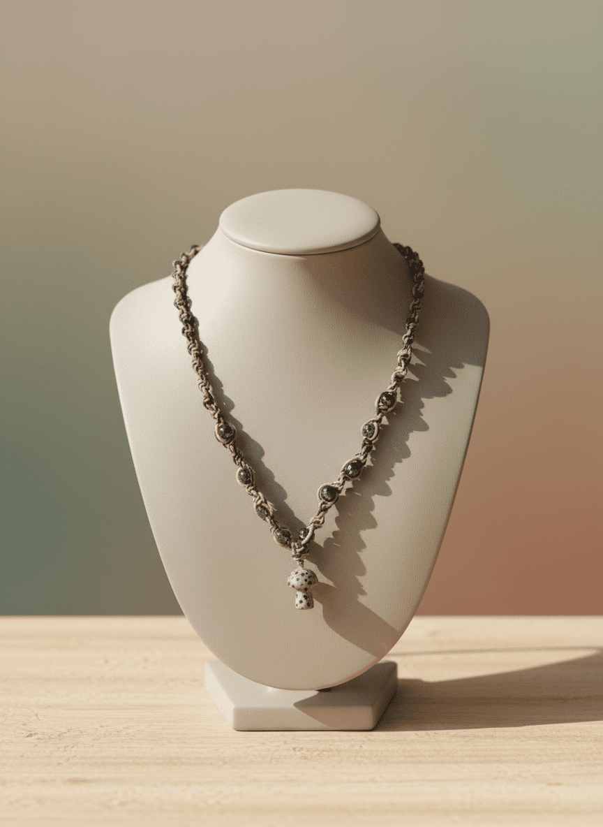 Handmade Hemp Necklace: Tan & Black Cord with Glass Mushroom Bead - Hempin Mayhem