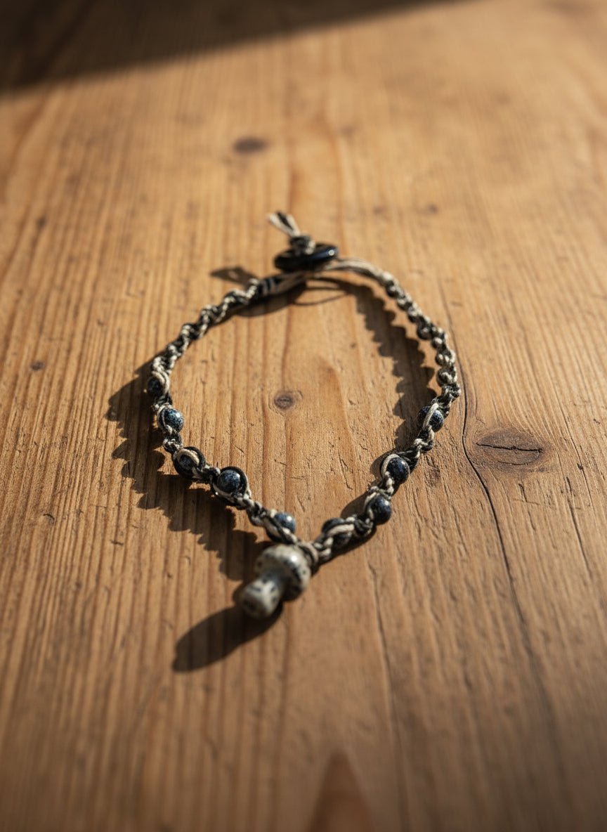 Handmade Hemp Necklace: Tan & Black Cord with Glass Mushroom Bead - Hempin Mayhem