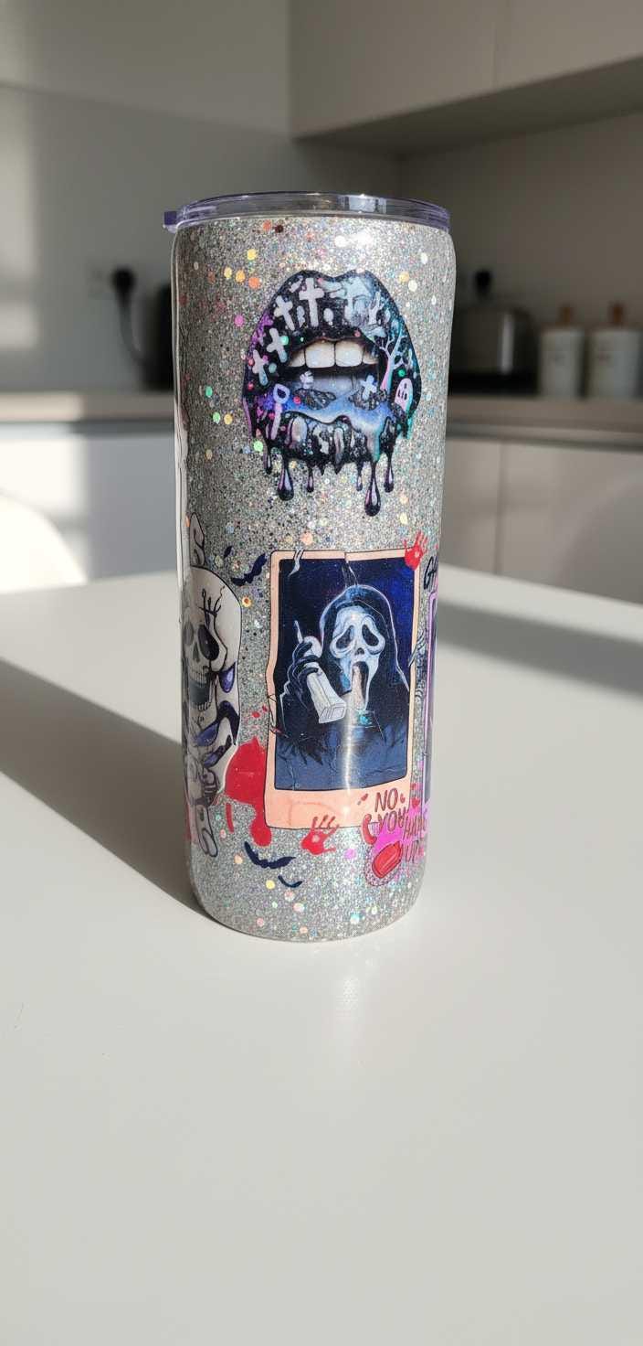 Scream-Inspired Ghost Face Epoxy Tumbler | Glitter Horror Cup for Spooky Vibes