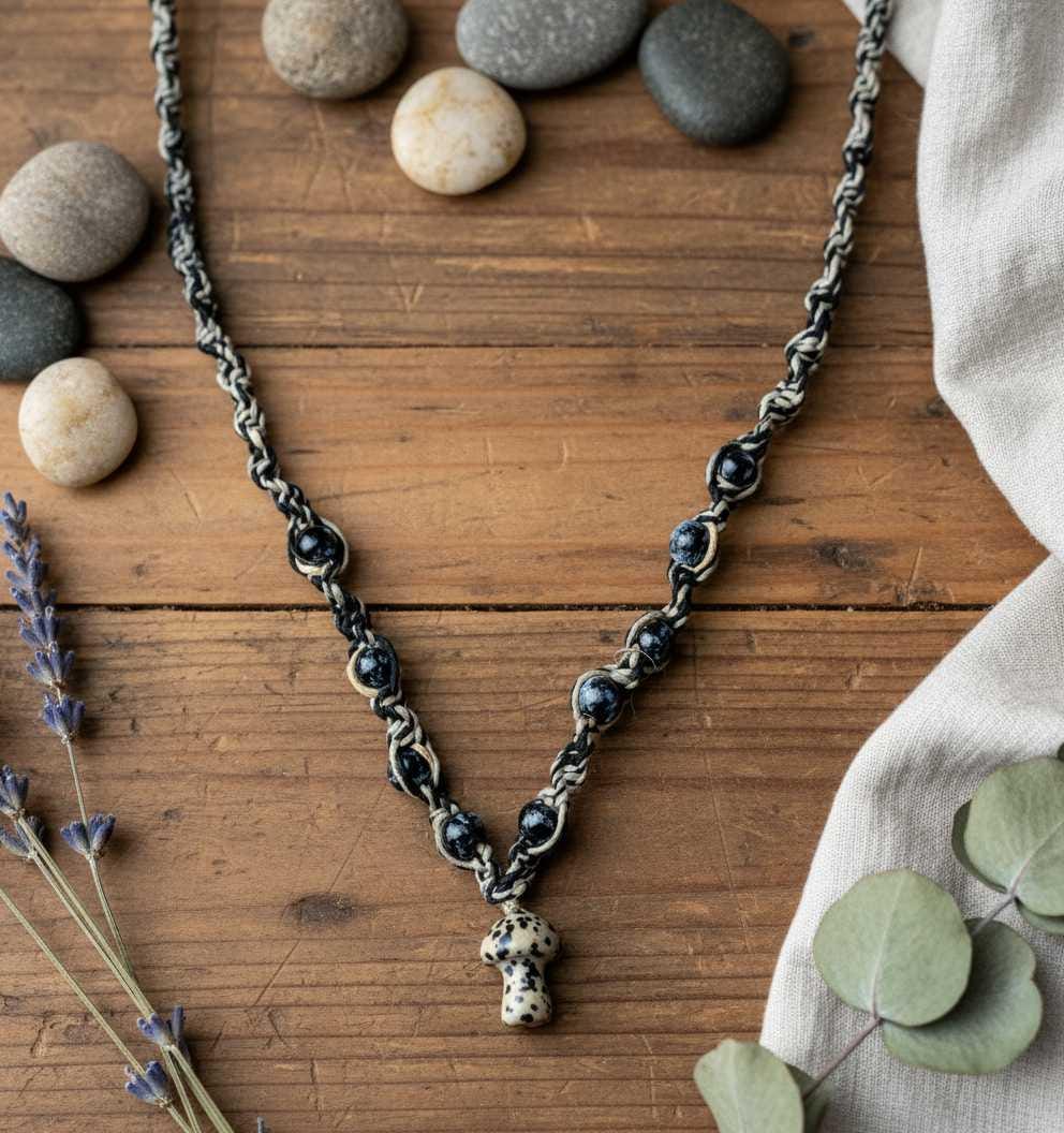 Handmade Hemp Necklace: Tan & Black Cord with Glass Mushroom Bead