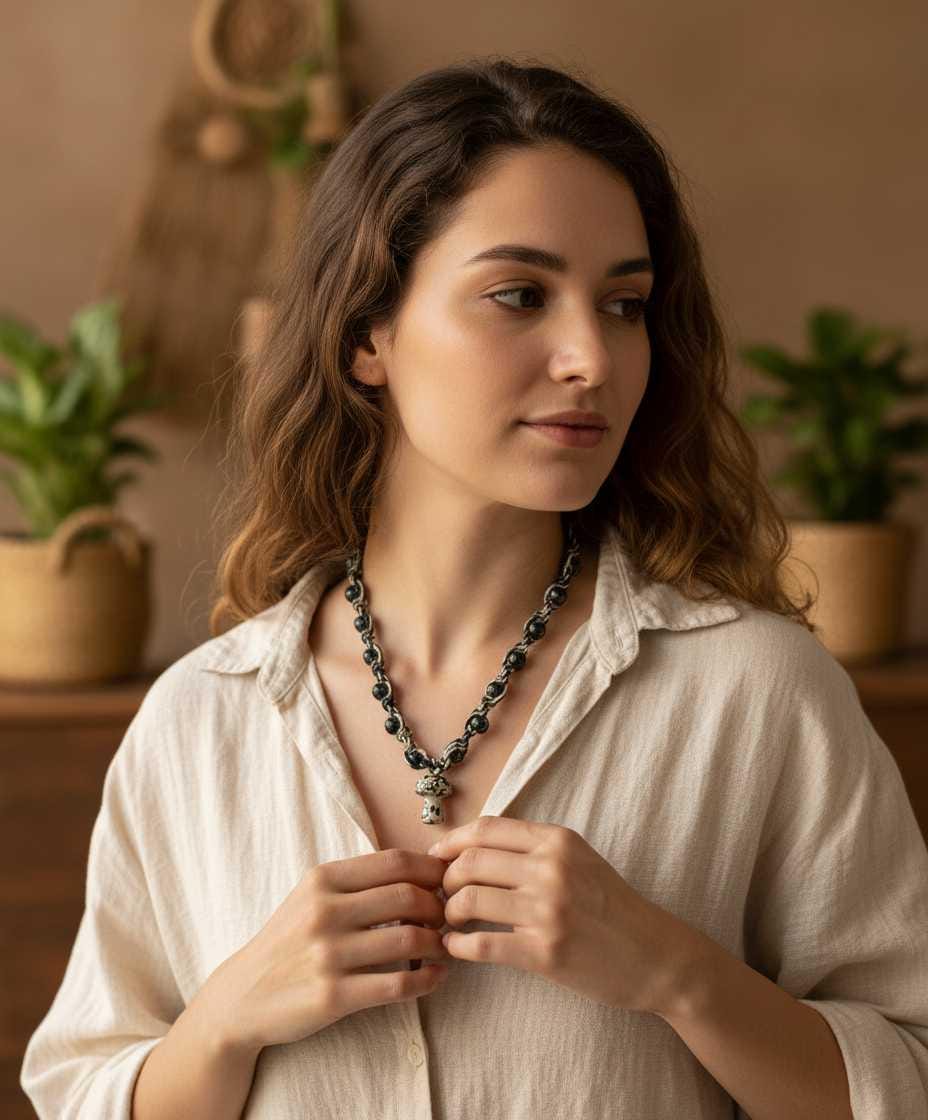 Handmade Hemp Necklace: Tan & Black Cord with Glass Mushroom Bead