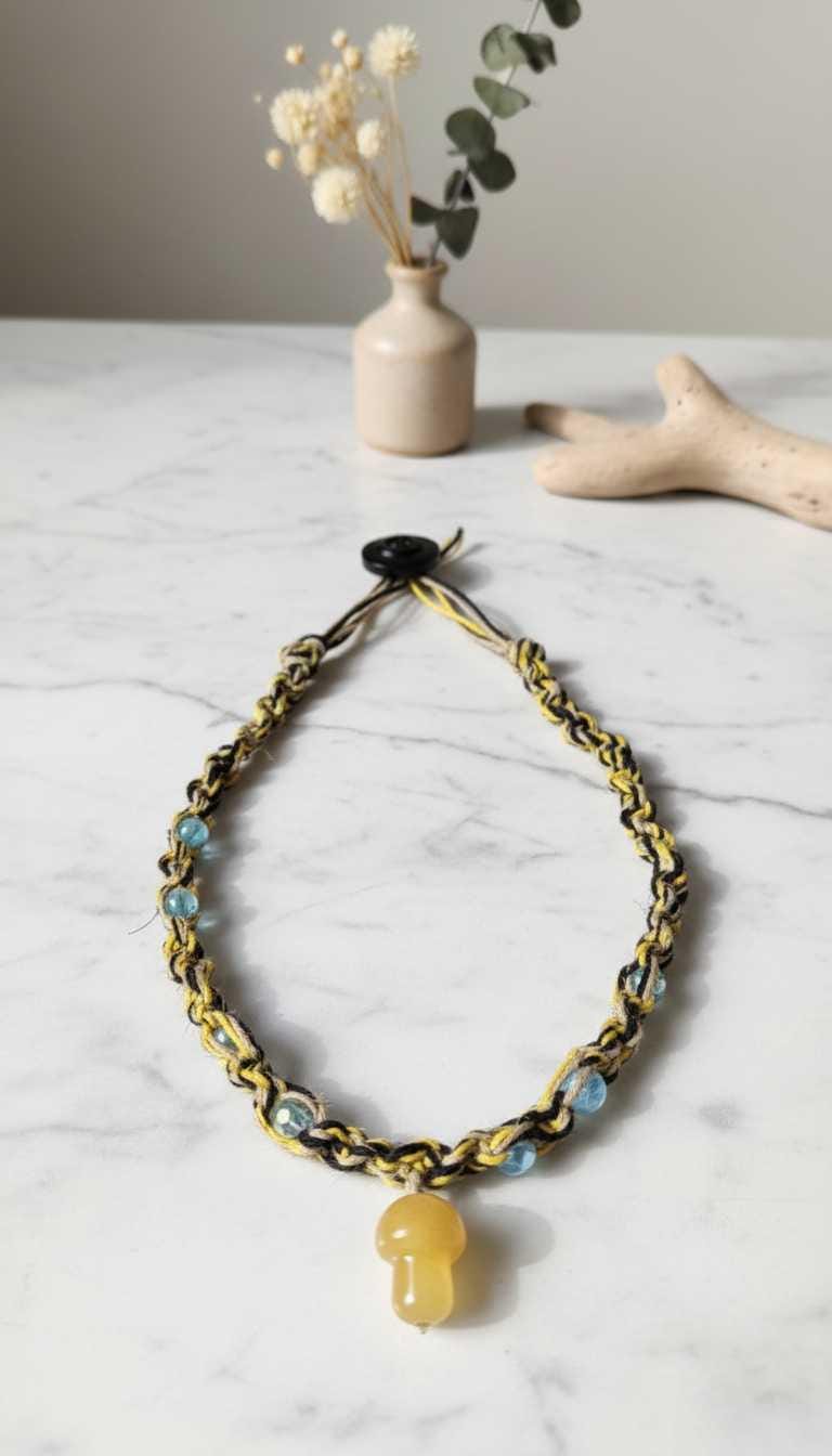 Hemp Necklace with Yellow Glass Mushroom Bead - Ecofriendly Black, White & Yellow Boho Jewelry for Men and Women