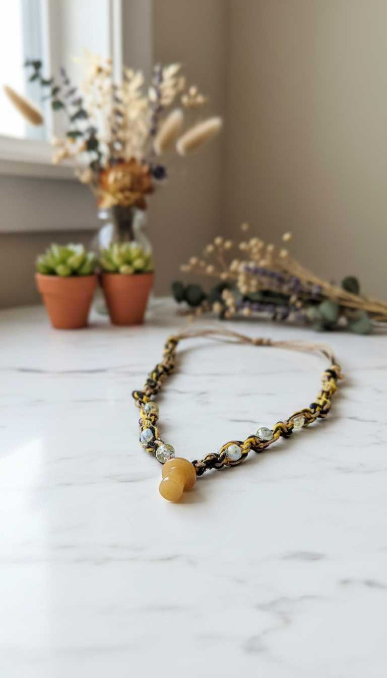 Hemp Necklace with Yellow Glass Mushroom Bead - Ecofriendly Black, White & Yellow Boho Jewelry for Men and Women