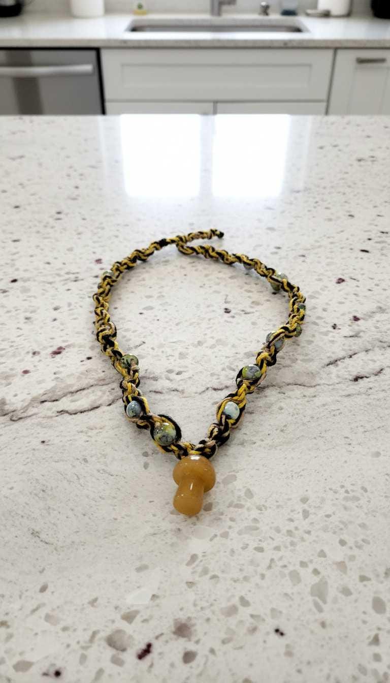 Hemp Necklace with Yellow Glass Mushroom Bead - Ecofriendly Black, White & Yellow Boho Jewelry for Men and Women