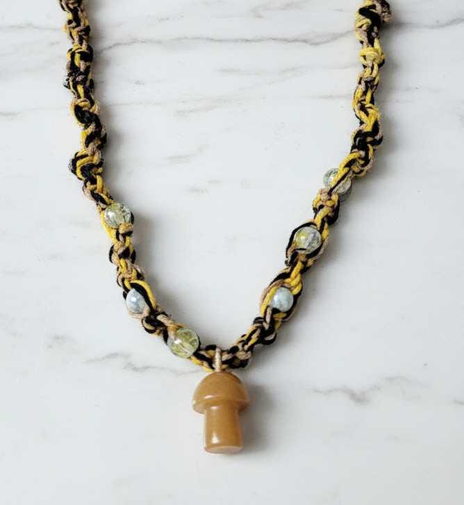Hemp Necklace with Yellow Glass Mushroom Bead - Ecofriendly Black, White & Yellow Boho Jewelry for Men and Women
