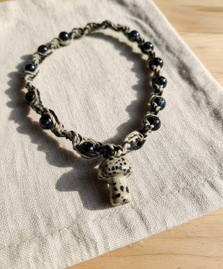 Handmade Hemp Necklace: Tan & Black Cord with Glass Mushroom Bead