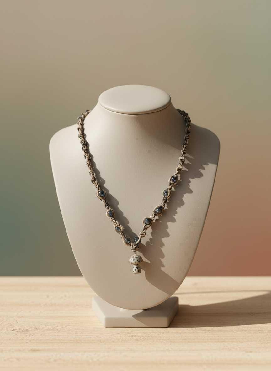 Handmade Hemp Necklace: Tan & Black Cord with Glass Mushroom Bead