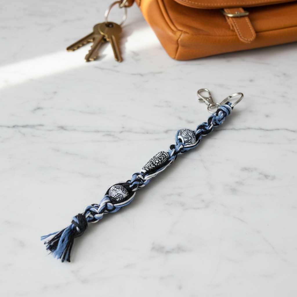 Handmade Hemp Keychain: Boho Hippie Car Charm with White Beads