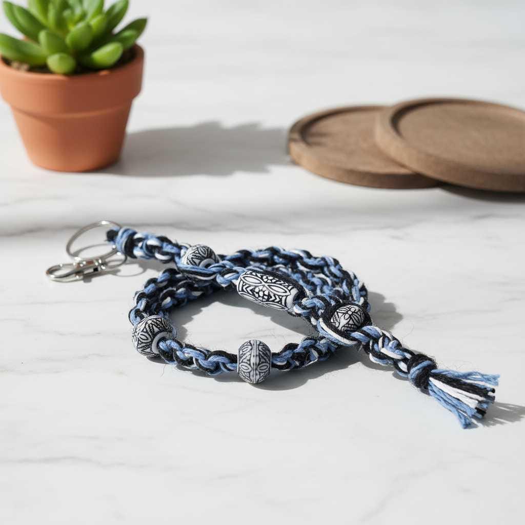 Handmade Hemp Keychain: Boho Hippie Car Charm with White Beads