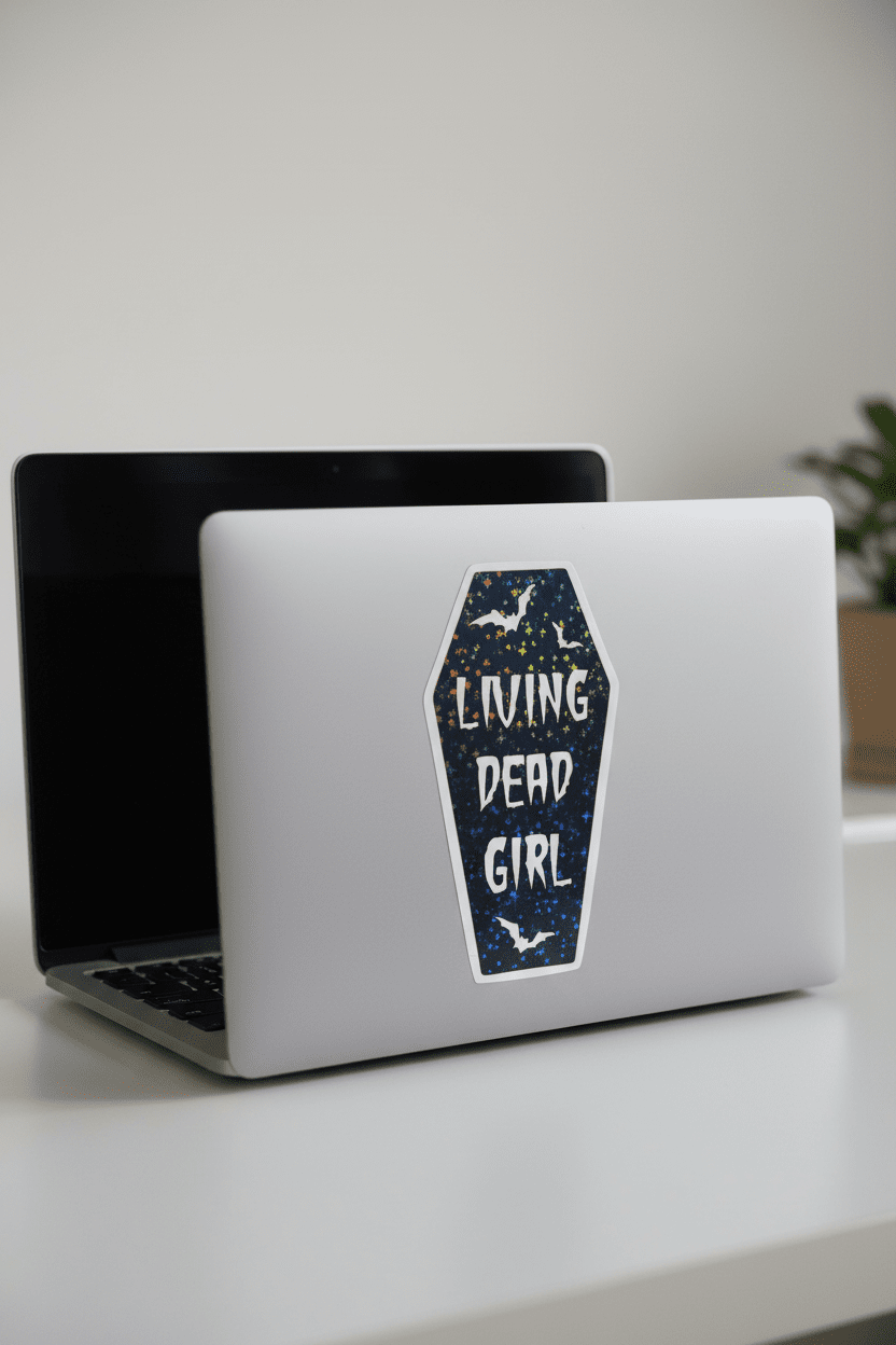 Living Dead Girl Coffin Sticker | Gothic 5x3 Vinyl Decal | Spooky Sassy Sticker for Laptop, Water Bottle, or Car ** Pack of 2** - Hempin Mayhem