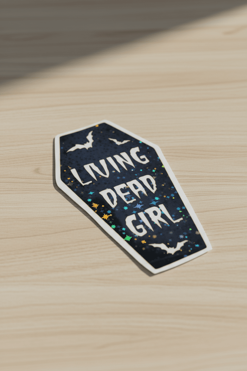 Living Dead Girl Coffin Sticker | Gothic 5x3 Vinyl Decal | Spooky Sassy Sticker for Laptop, Water Bottle, or Car ** Pack of 2** - Hempin Mayhem