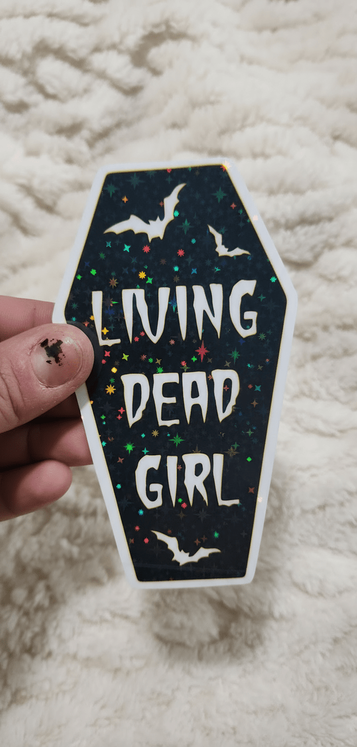 Living Dead Girl Coffin Sticker | Gothic 5x3 Vinyl Decal | Spooky Sassy Sticker for Laptop, Water Bottle, or Car ** Pack of 2** - Hempin Mayhem