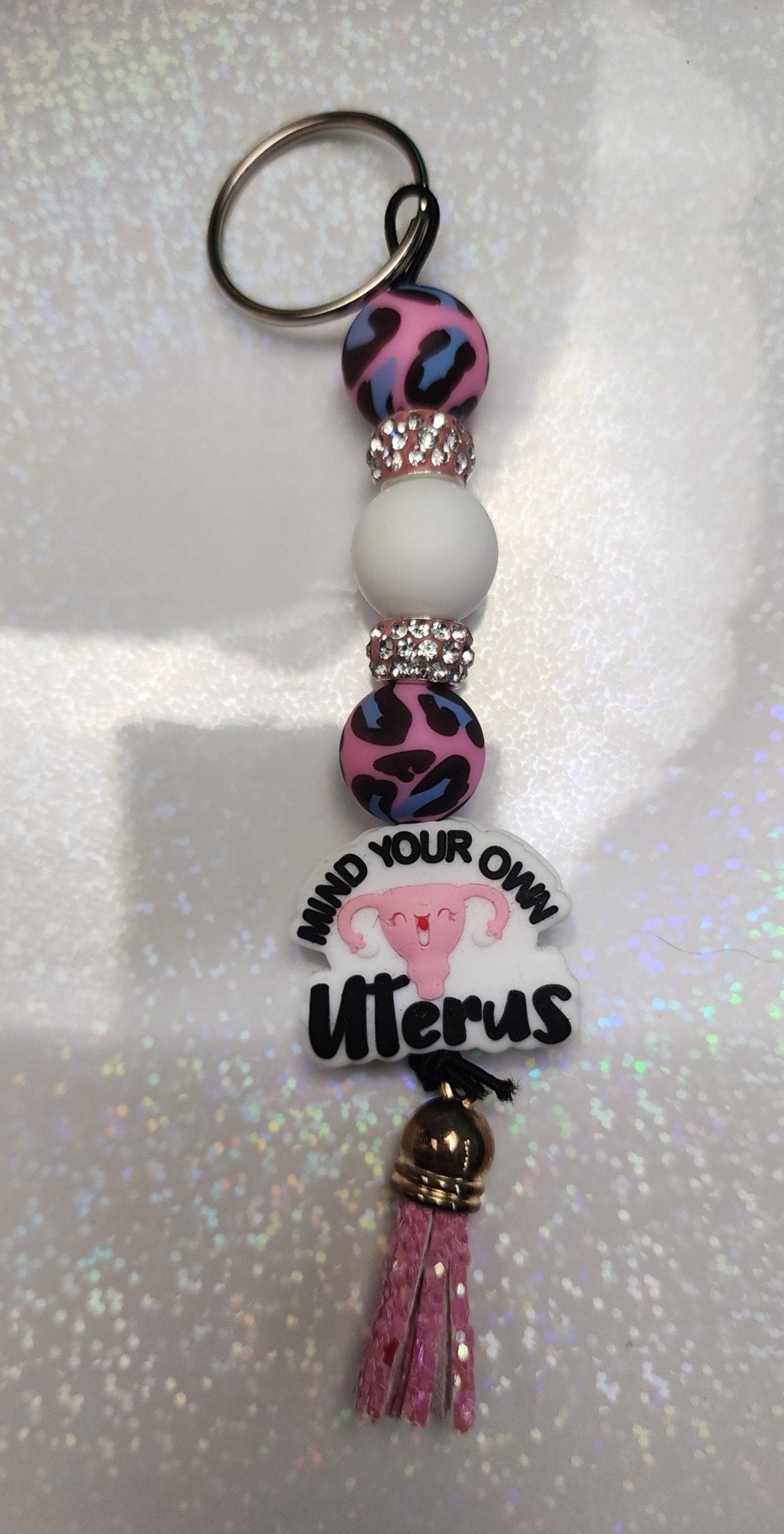 Mind Your Own Uterus” Pink and White Beaded Keychain – Funny Feminist Keychain, Sassy Handmade Gift - Hempin Mayhem