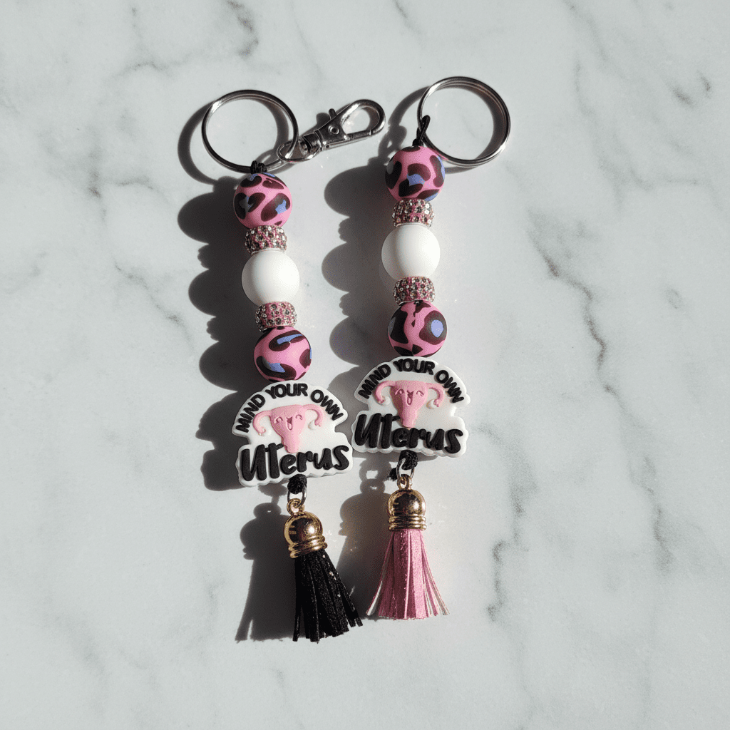 Mind Your Own Uterus” Pink and White Beaded Keychain – Funny Feminist Keychain, Sassy Handmade Gift - Hempin Mayhem