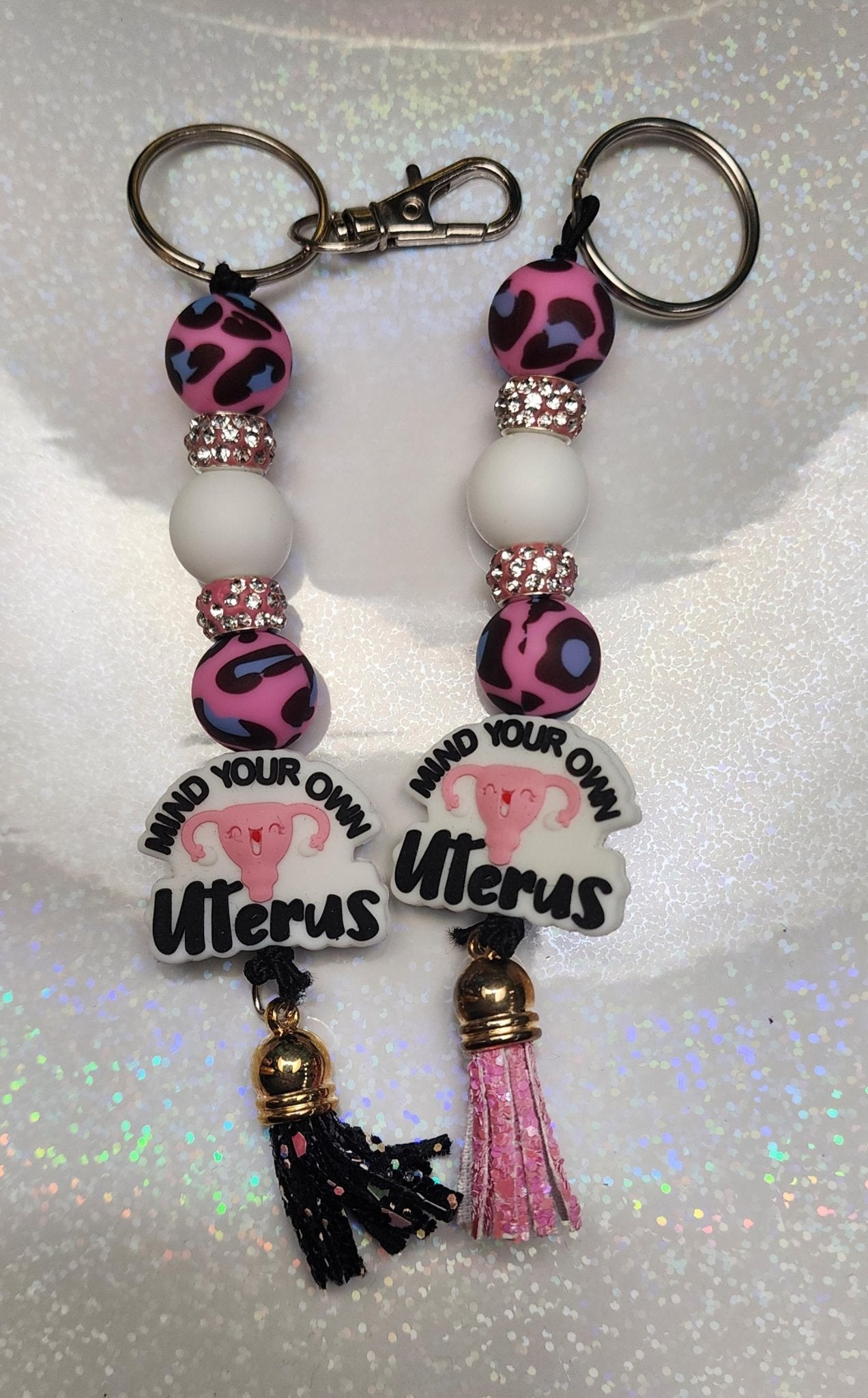 Mind Your Own Uterus” Pink and White Beaded Keychain – Funny Feminist Keychain, Sassy Handmade Gift - Hempin Mayhem