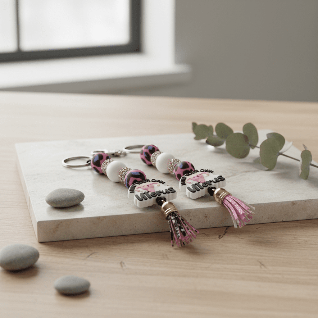 Mind Your Own Uterus” Pink and White Beaded Keychain – Funny Feminist Keychain, Sassy Handmade Gift - Hempin Mayhem