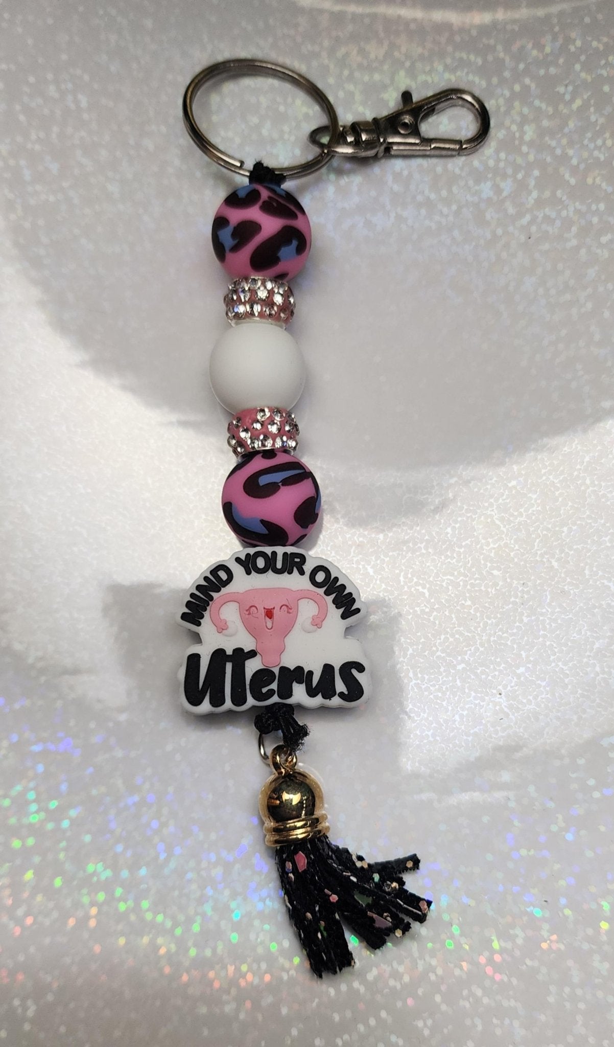 Mind Your Own Uterus” Pink and White Beaded Keychain – Funny Feminist Keychain, Sassy Handmade Gift - Hempin Mayhem