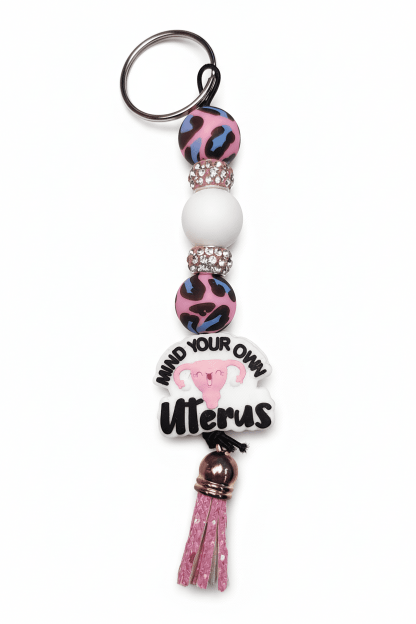 Mind Your Own Uterus” Pink and White Beaded Keychain – Funny Feminist Keychain, Sassy Handmade Gift - Hempin Mayhem