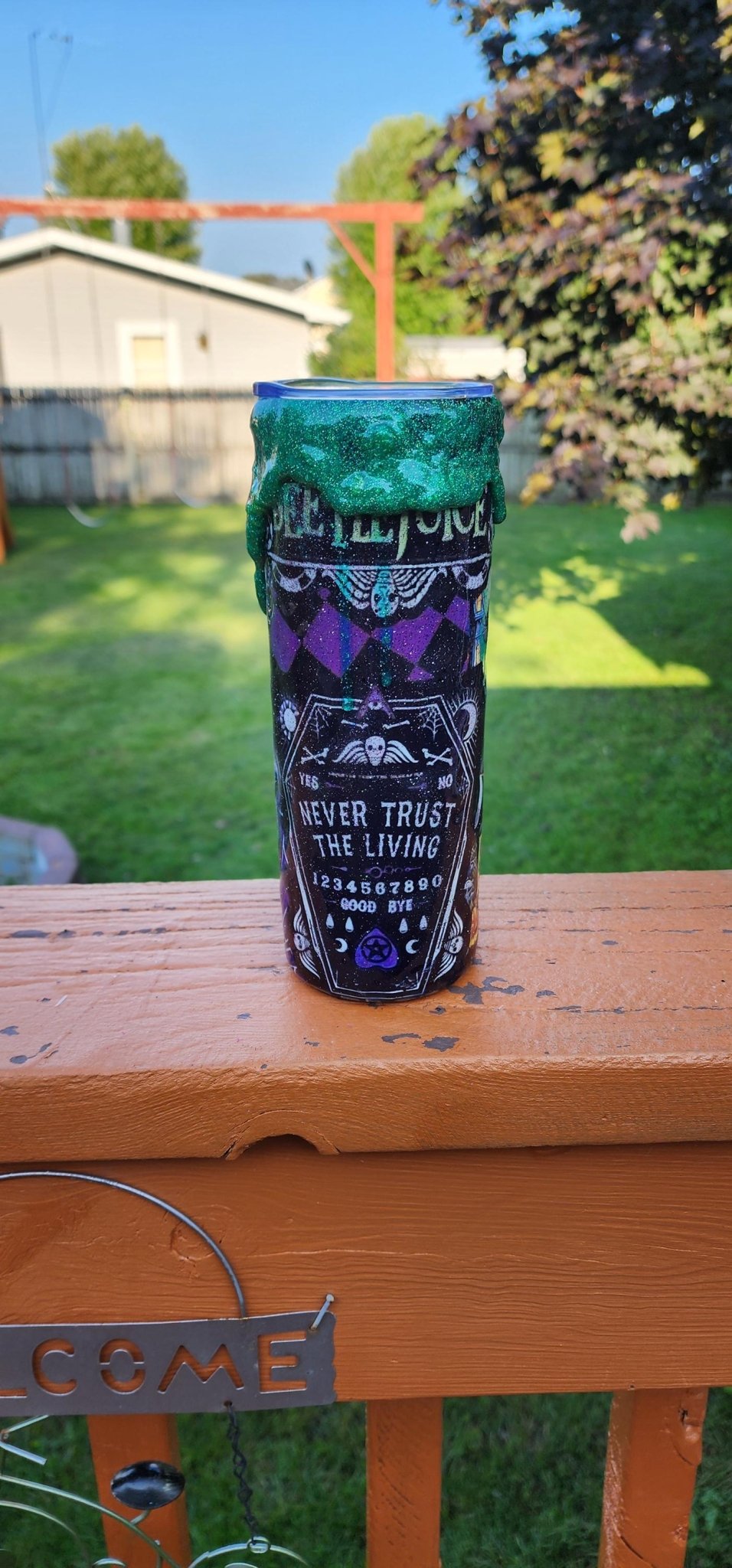 Never Trust the Living Beetlejuice Tumbler – 20oz Spooky Epoxy Drip Cup | Handmade Halloween Horror Drinkware - Hempin Mayhem