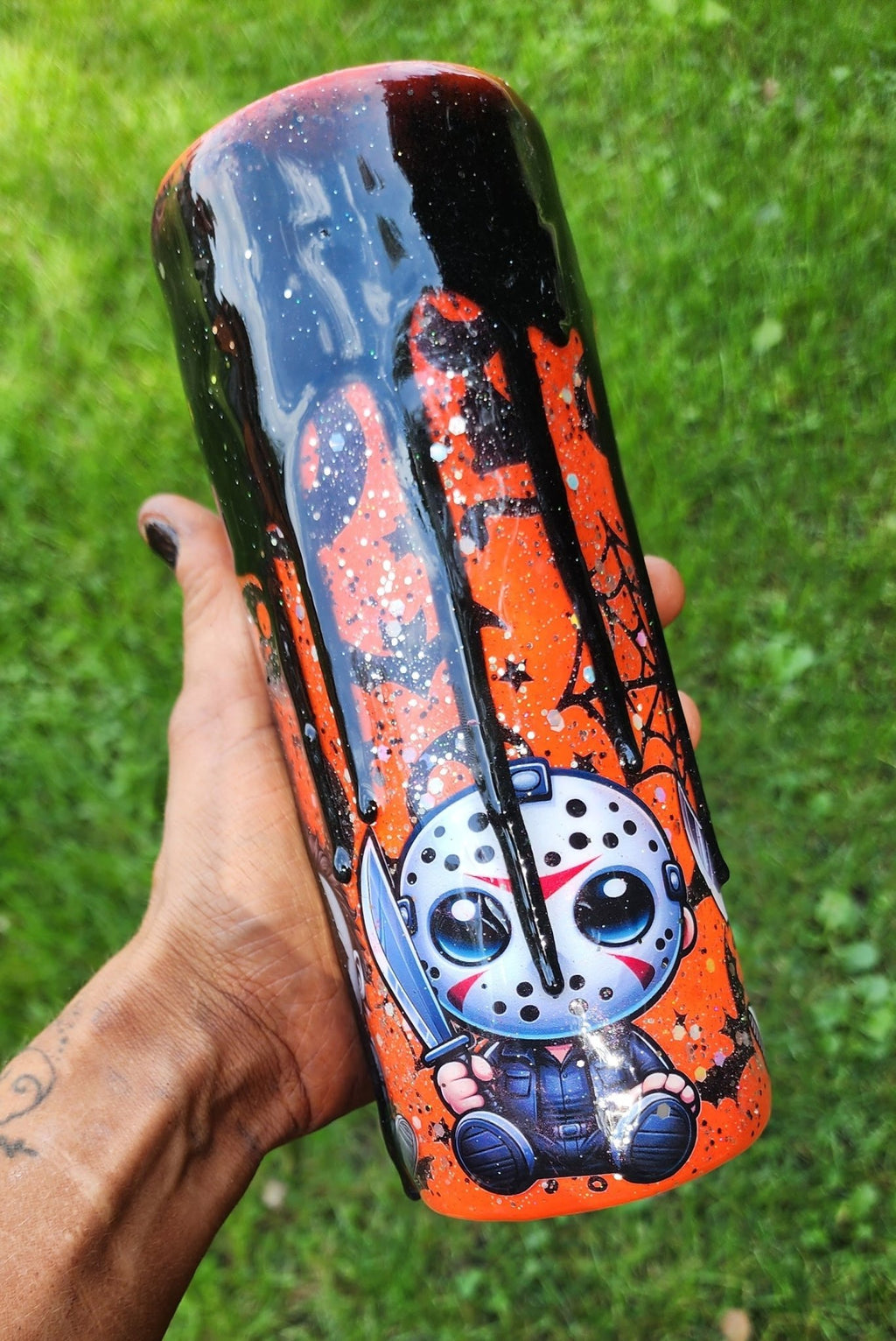 Orange Drip Horror Tumbler: 20oz Halloween Glitter Epoxy Cup - Hempin Mayhem