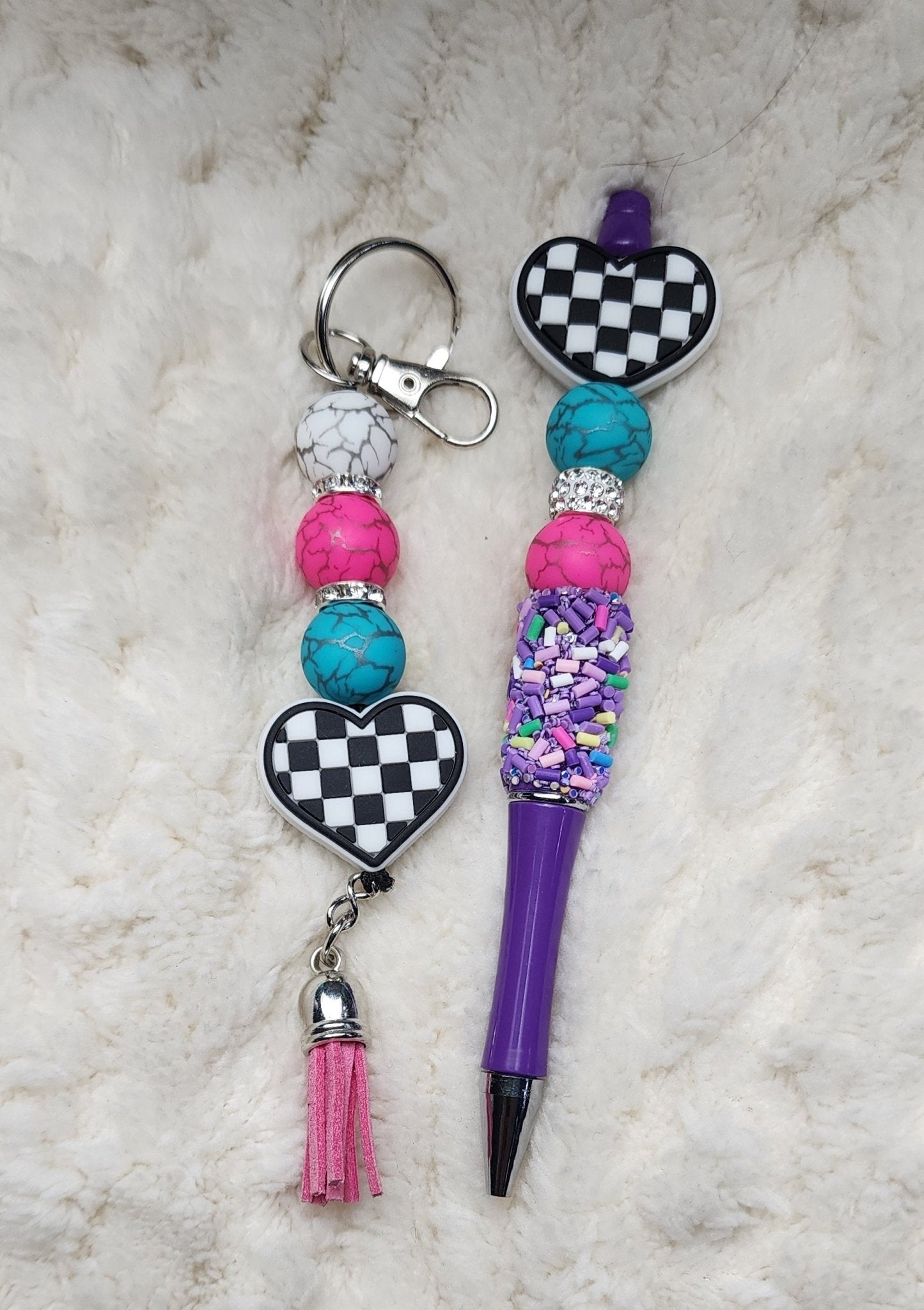 Purple & Turquoise Beaded Keychain With Checkered Heart Keychain, Pen and Sticker Set - Hempin Mayhem