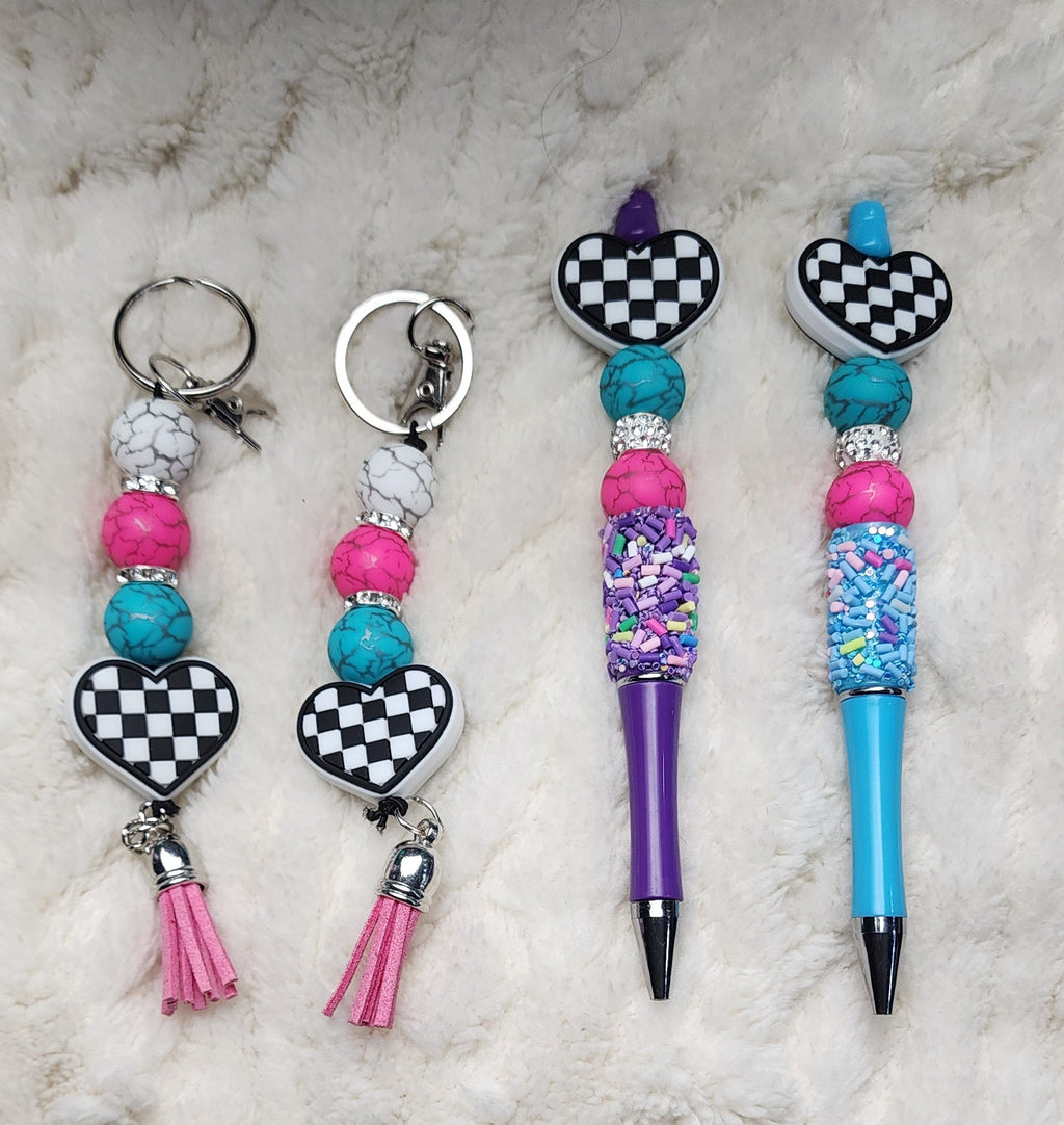 Purple & Turquoise Beaded Keychain With Checkered Heart Keychain, Pen and Sticker Set - Hempin Mayhem