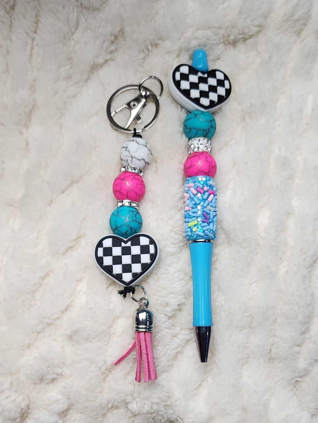 Purple & Turquoise Beaded Keychain With Checkered Heart Keychain, Pen and Sticker Set - Hempin Mayhem