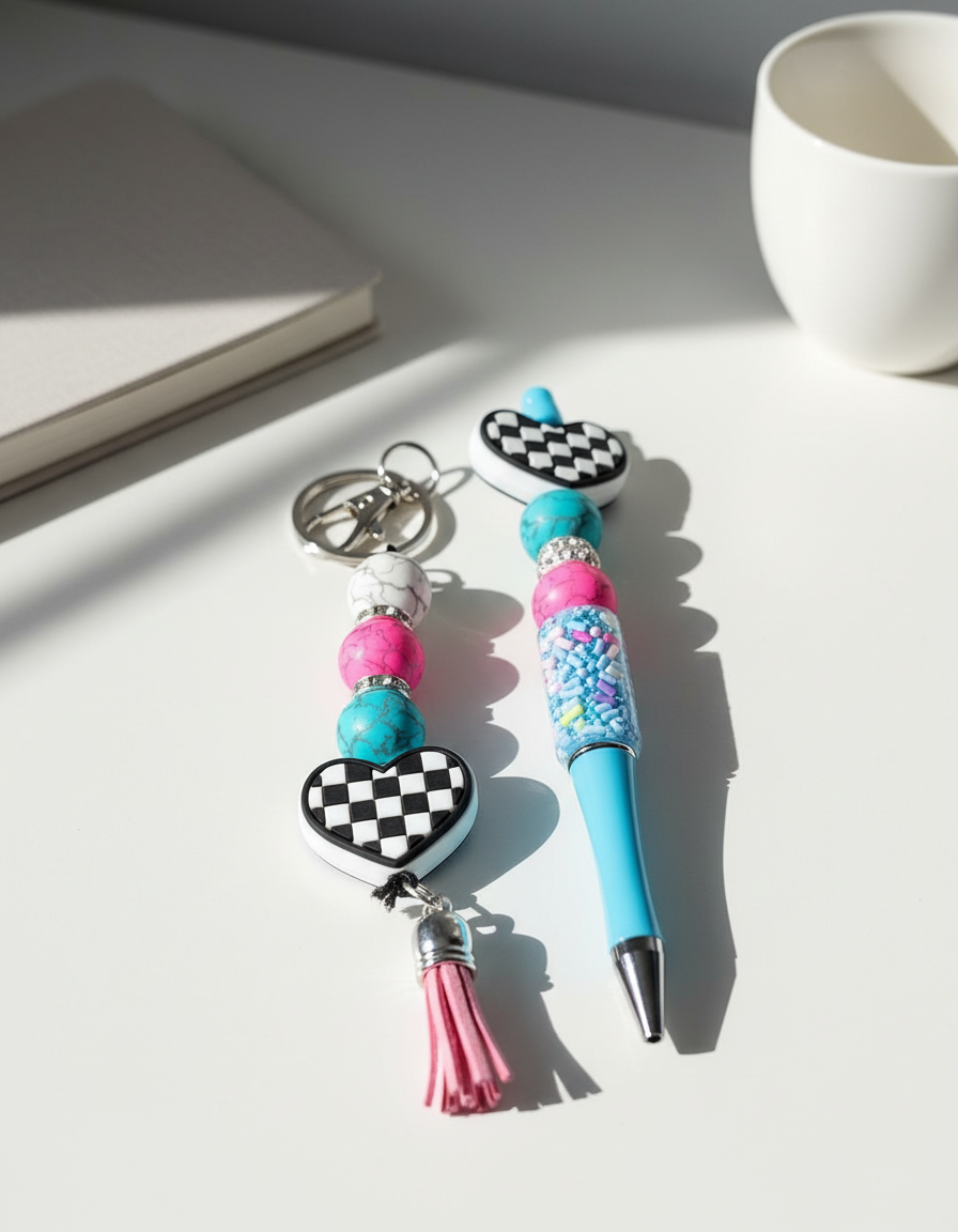 Handmade Checkered Heart Keychain: Multicolor Beaded Charm