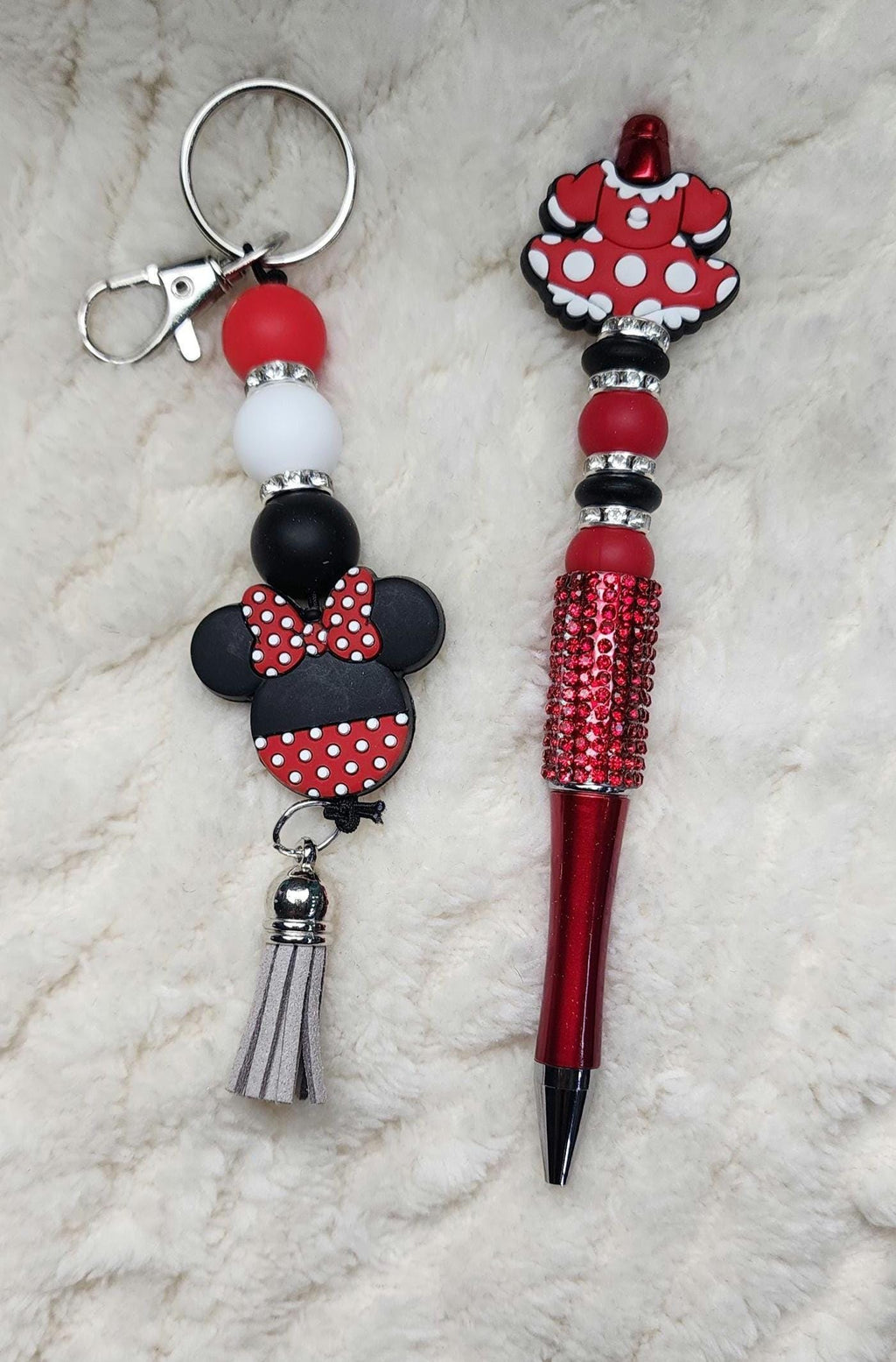 Red Black and White Beaded Keychain, Pen and Sticker Gift Set