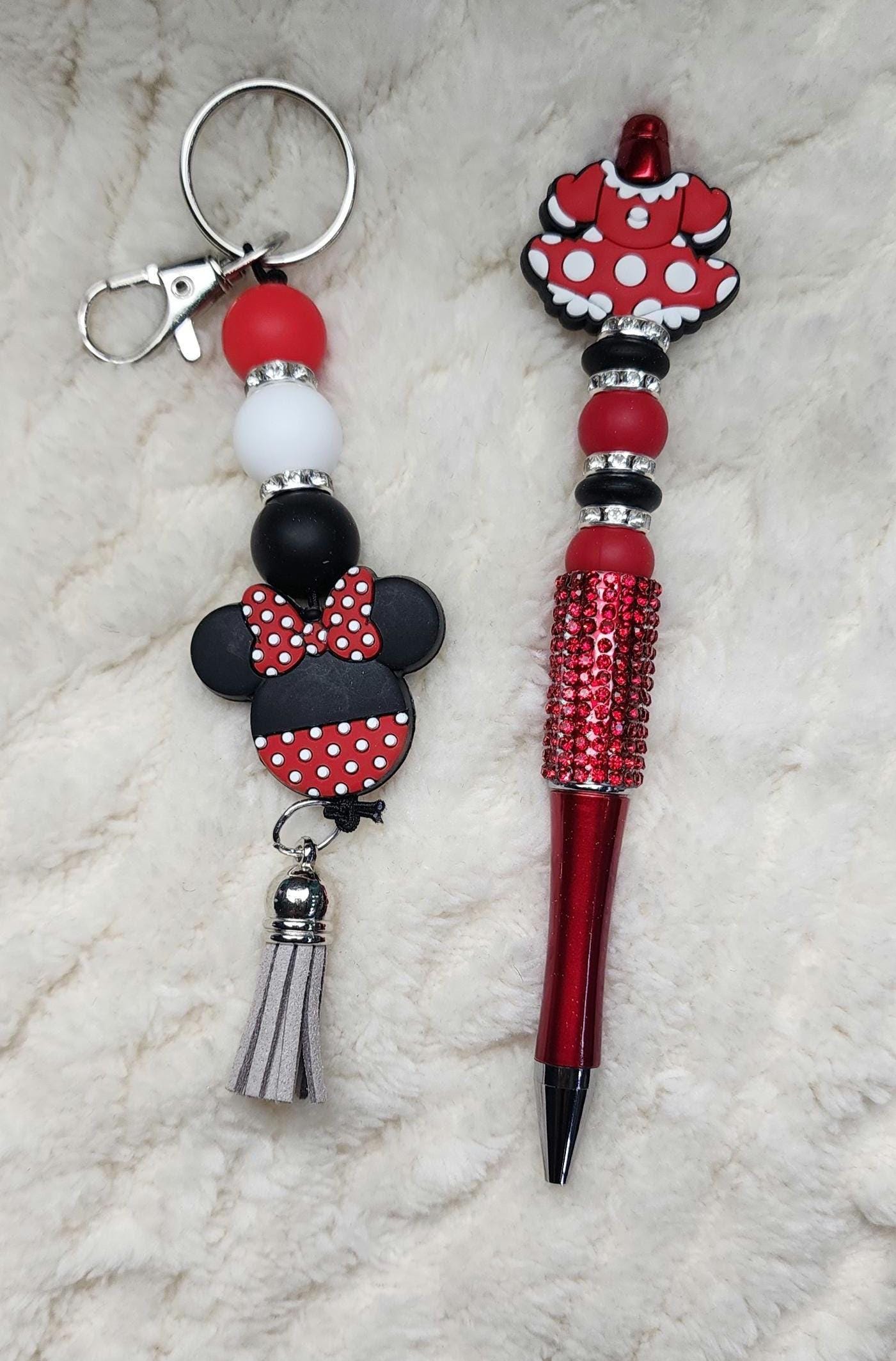 Red Black and White Beaded Keychain, Pen and Sticker Gift Set