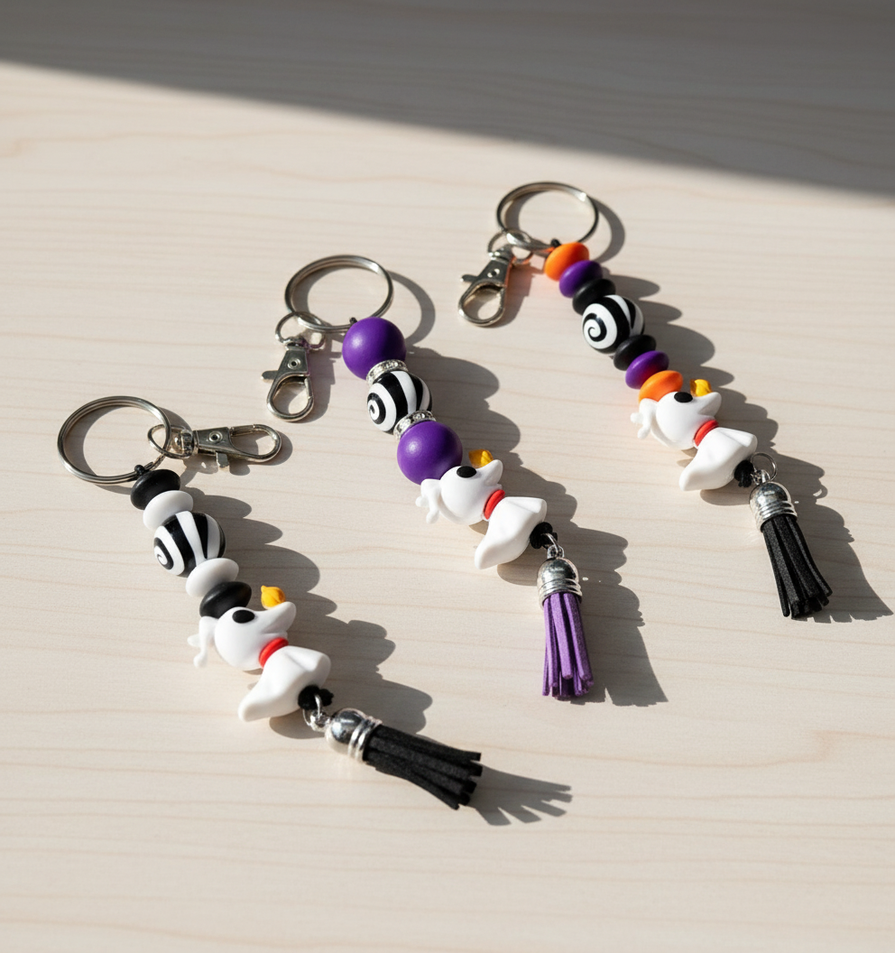 Ghost Dog Beaded Bag Charm Keychain