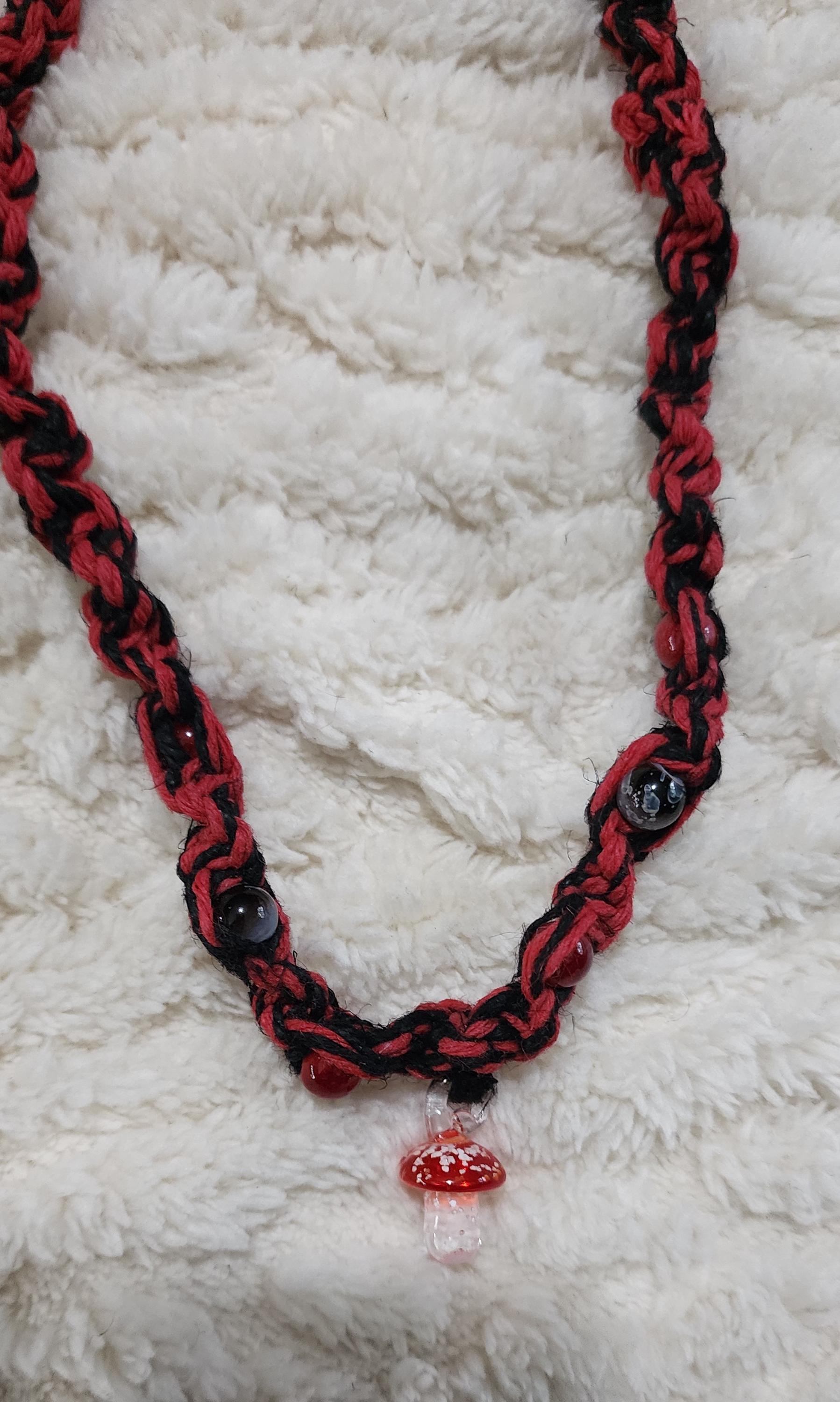 Red and Black Hemp Necklace – Handmade Boho Hemp Jewelry, Unisex Macrame Alternative Style Accessory