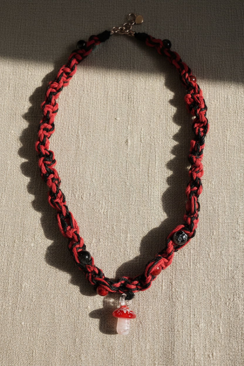 Red and Black Hemp Necklace – Handmade Boho Hemp Jewelry, Unisex Macrame Alternative Style Accessory