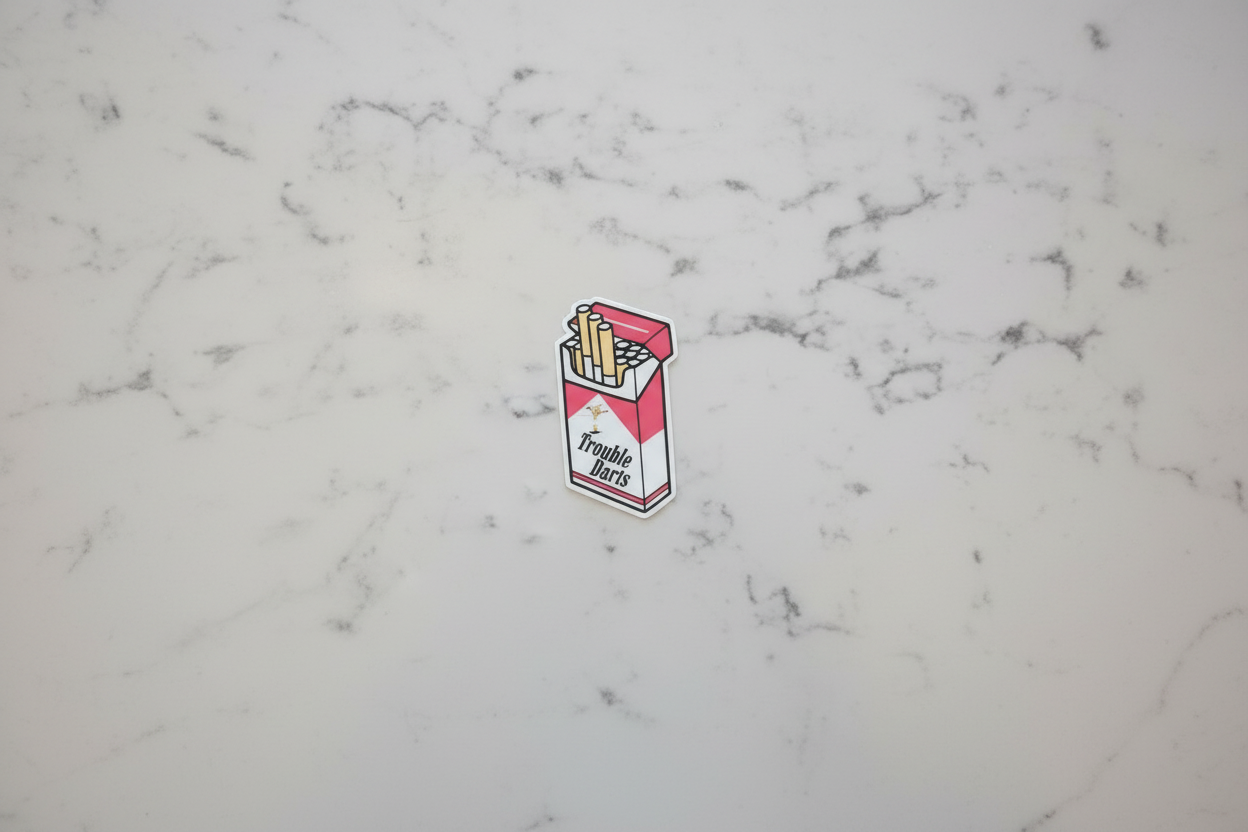 Trouble Darts Cigarette Pack Sticker | Red & White 2x2 Funny Sassy Vinyl Decal for Laptop, Water Bottle, or Toolbox
